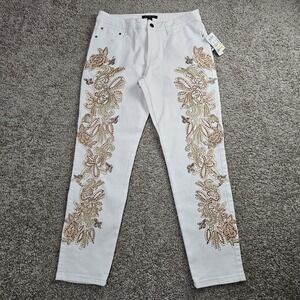 Juliette Denim Jeans Womens 8 Rhinestone Embellished Straight Ankle White Gold